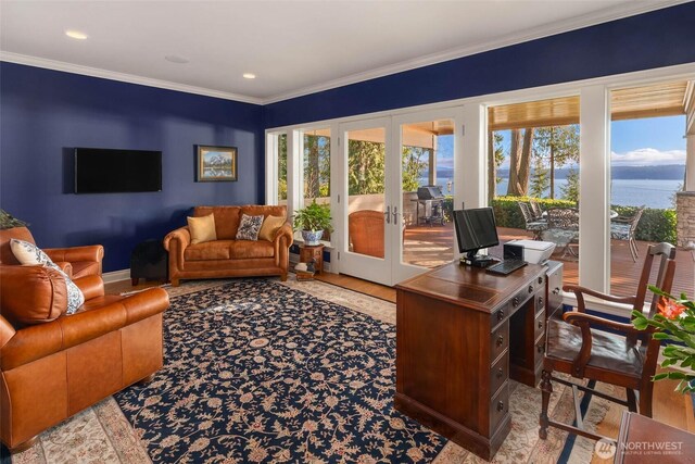 home office featuring recessed lighting, french doors, and ornamental molding