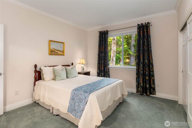 bedroom featuring carpet flooring, baseboards, and ornamental molding