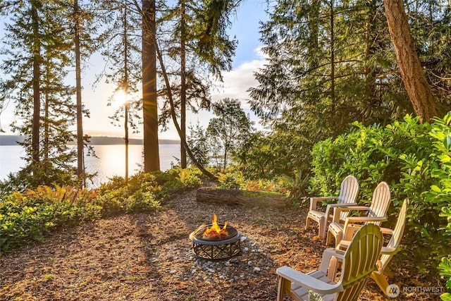 view of yard with a fire pit and a water view