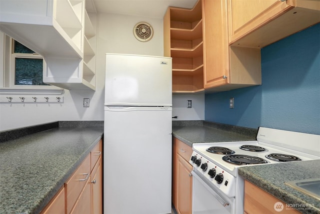 kitchen featuring open shelves, white appliances, and dark countertops