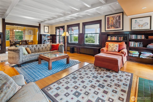 living room featuring plenty of natural light, radiator, wood finished floors, and wainscoting