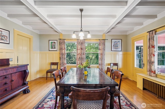 dining area with wainscoting, beam ceiling, wood finished floors, and radiator heating unit