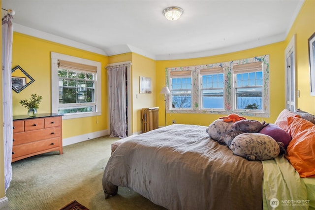 bedroom featuring carpet flooring, multiple windows, radiator heating unit, and baseboards