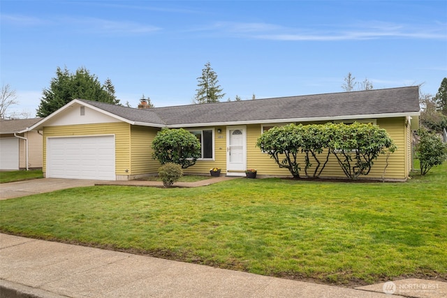 ranch-style home with a front yard, roof with shingles, a chimney, concrete driveway, and a garage