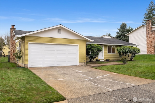 ranch-style house featuring concrete driveway, a garage, and a front lawn