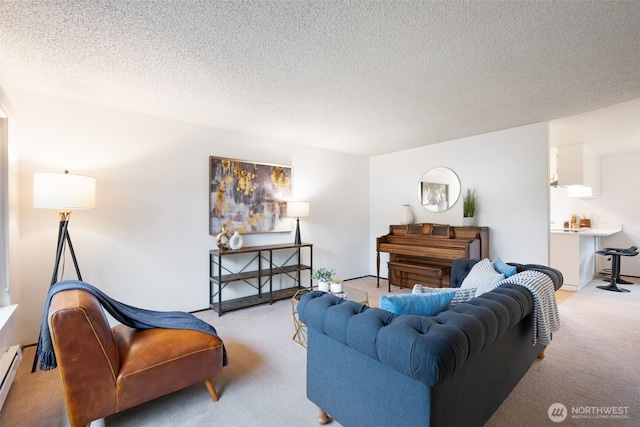 carpeted living area featuring a baseboard radiator and a textured ceiling