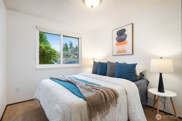 carpeted bedroom with a textured ceiling