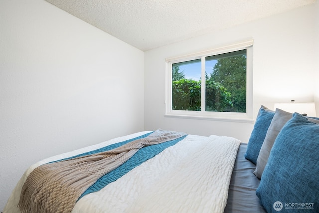 bedroom featuring a textured ceiling and vaulted ceiling