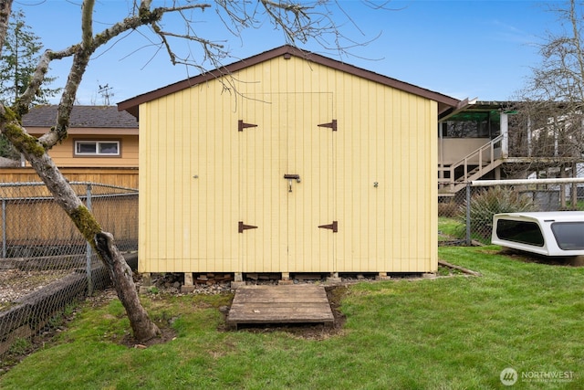 view of shed with a fenced backyard