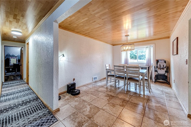 dining area with crown molding, wood ceiling, a textured wall, and visible vents