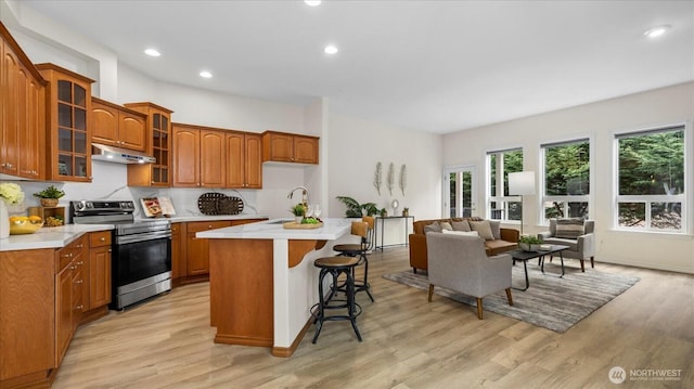 kitchen featuring an island with sink, light wood-style flooring, under cabinet range hood, light countertops, and stainless steel electric range oven