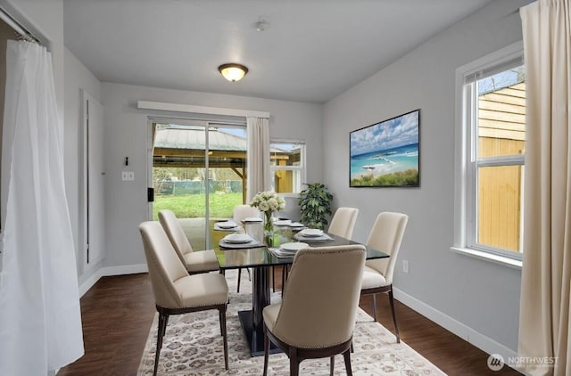 dining space with dark wood-style floors and baseboards