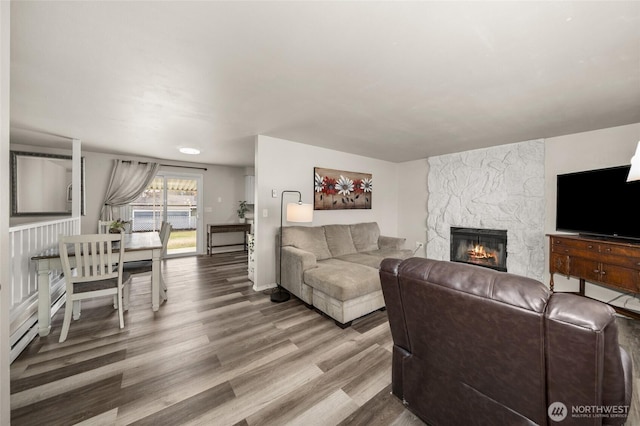 living area with a stone fireplace and wood finished floors