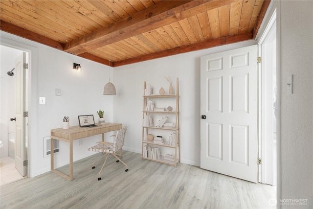 office area featuring beamed ceiling, visible vents, wood finished floors, wooden ceiling, and baseboards