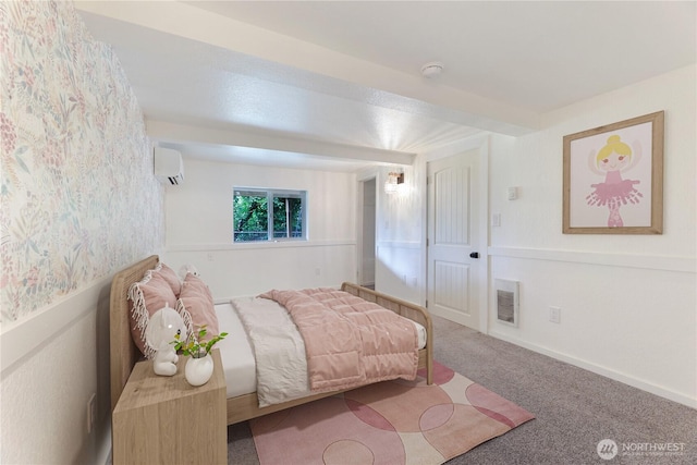 bedroom featuring a wall mounted air conditioner, visible vents, and carpet flooring