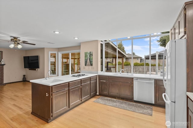 kitchen with gas cooktop, a peninsula, freestanding refrigerator, a sink, and stainless steel dishwasher