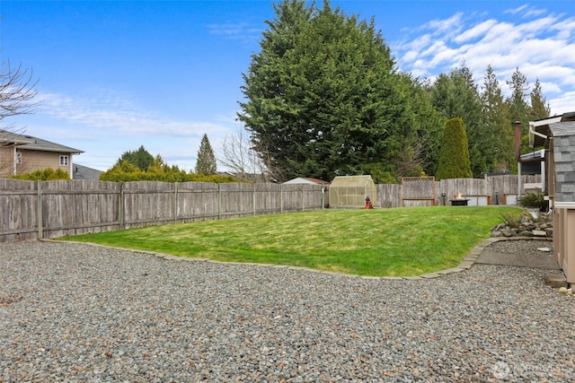 view of yard featuring an outbuilding and a fenced backyard