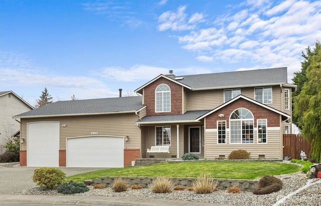 traditional-style home featuring fence, roof with shingles, concrete driveway, a front yard, and a garage