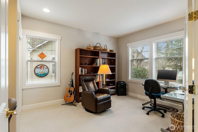 carpeted home office with recessed lighting and baseboards