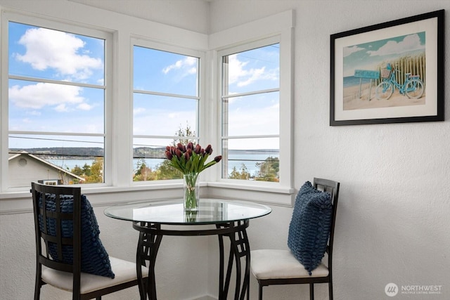 dining space with a water view and a textured wall