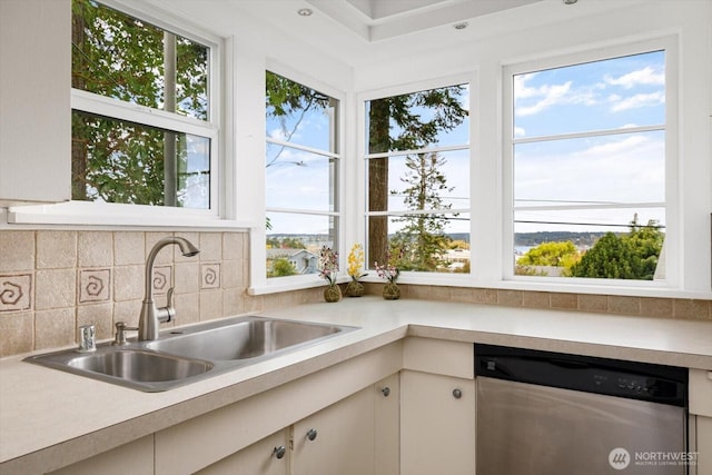 kitchen with a sink, stainless steel dishwasher, and light countertops