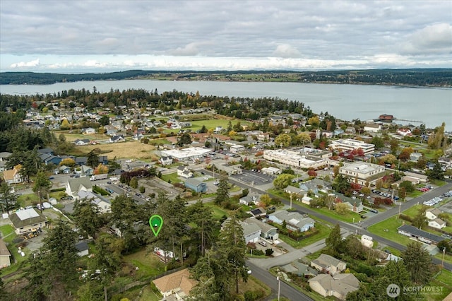 birds eye view of property with a water view