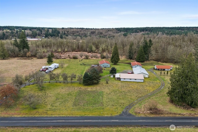 birds eye view of property with a rural view and a forest view