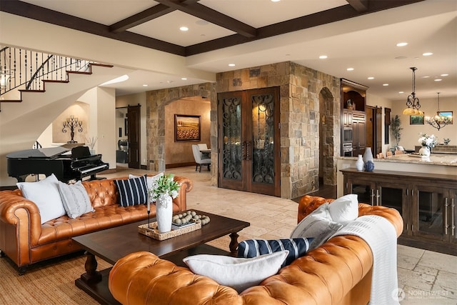 253 E Lake Sammamish Pkwy SE, Sammamish, WA 98074 - living room with beamed ceiling, stone tile floors, recessed lighting, stairway, and coffered ceiling