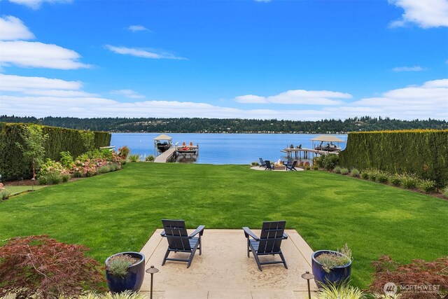 253 E Lake Sammamish Pkwy SE, Sammamish, WA 98074 - view of yard with a patio, a forest view, a water view, and a boat dock
