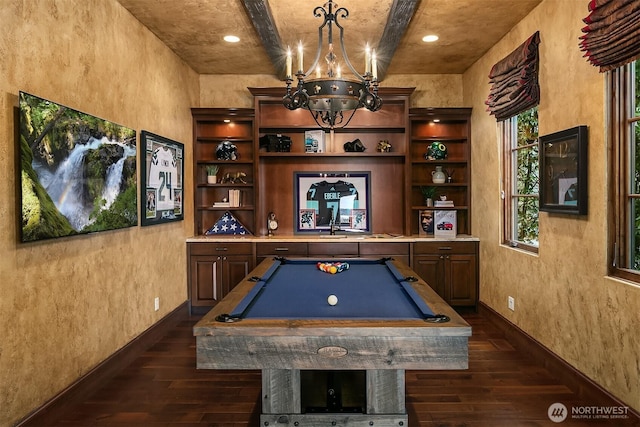 253 E Lake Sammamish Pkwy SE, Sammamish, WA 98074 - playroom featuring dark wood-style flooring, billiards, a notable chandelier, and baseboards