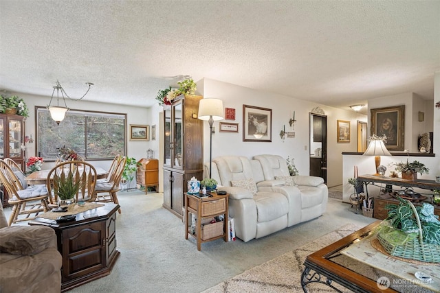 living area featuring light carpet and a textured ceiling