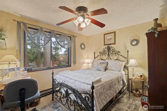 bedroom with a baseboard radiator, carpet floors, a textured ceiling, and ceiling fan