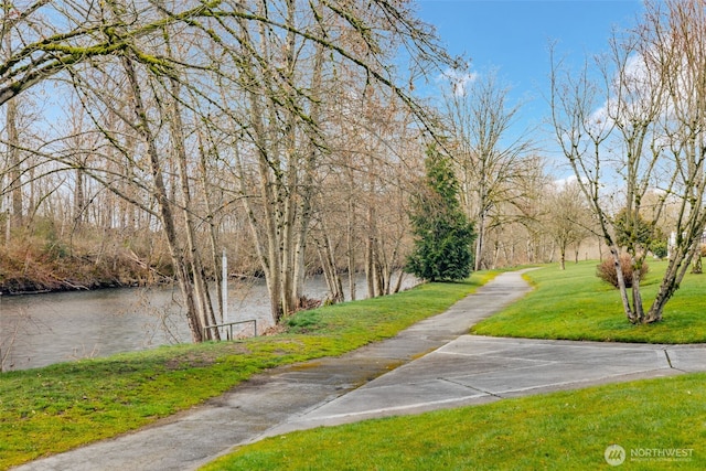 view of property's community featuring a lawn and a view of trees