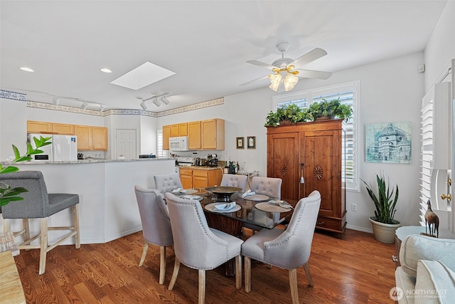 dining room featuring track lighting, wood finished floors, a skylight, baseboards, and ceiling fan