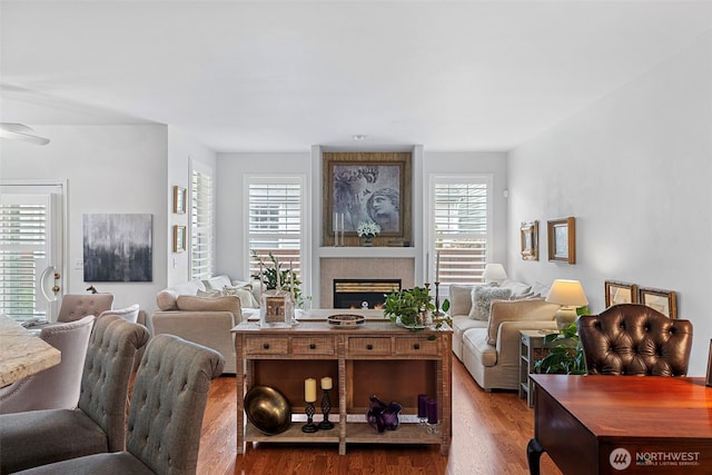 living room with wood finished floors and a fireplace