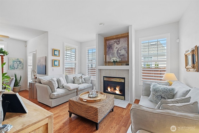 living area with a fireplace and light wood-style floors