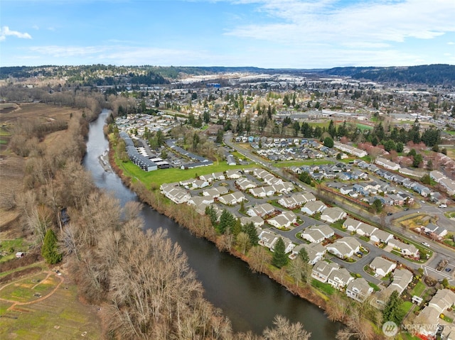 bird's eye view with a residential view and a water view