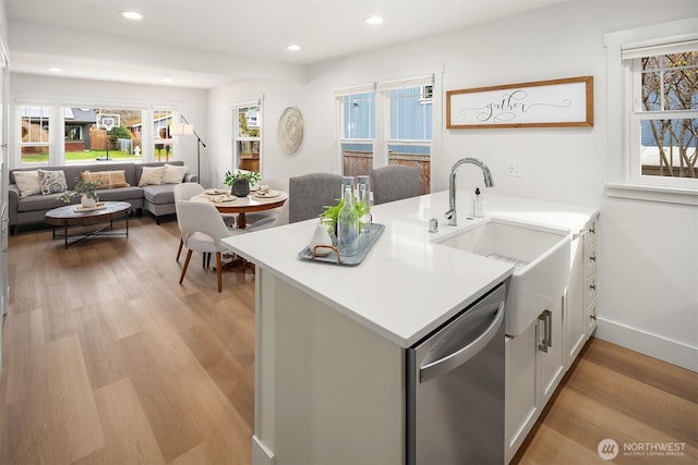 kitchen featuring a sink, light wood-style floors, stainless steel dishwasher, and a healthy amount of sunlight