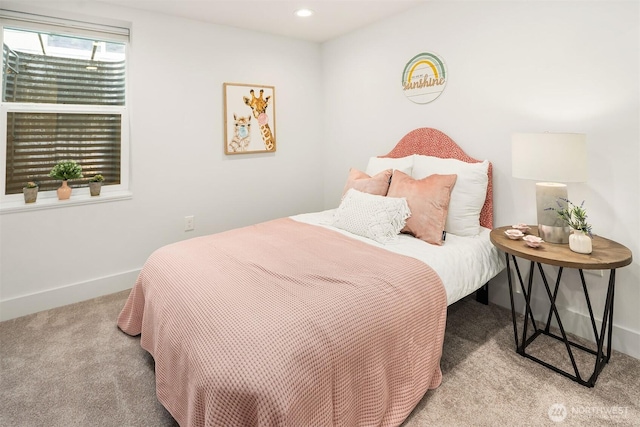 carpeted bedroom with recessed lighting and baseboards