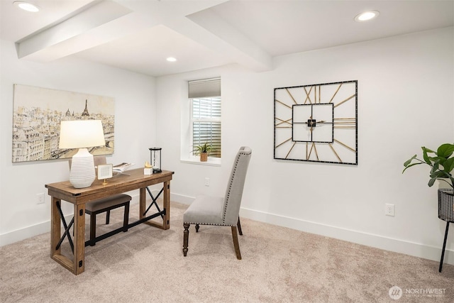 office space featuring recessed lighting, beamed ceiling, carpet flooring, and baseboards