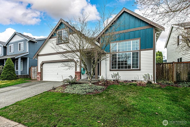 view of front facade featuring driveway, fence, board and batten siding, a front yard, and a garage