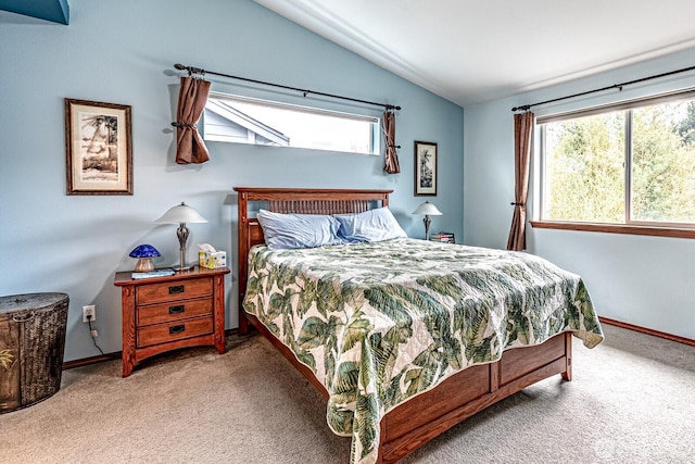 bedroom with carpet flooring, baseboards, and lofted ceiling