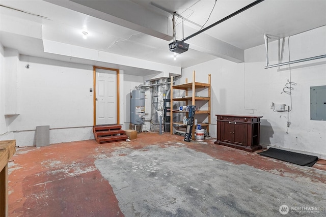 garage with electric panel, secured water heater, and a garage door opener