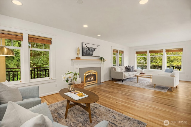 living room with a fireplace with flush hearth, baseboards, recessed lighting, and wood finished floors