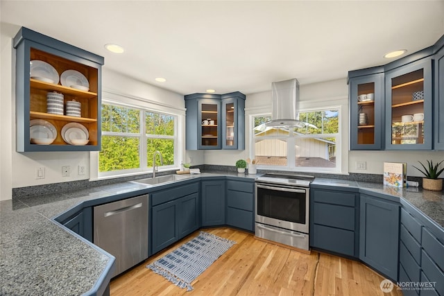 kitchen with a sink, appliances with stainless steel finishes, island range hood, and a wealth of natural light