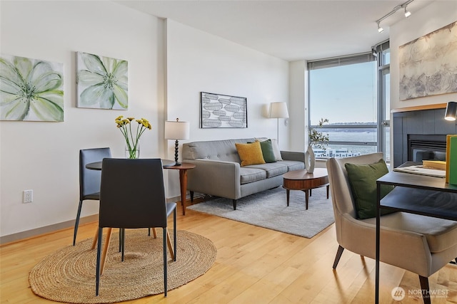 living room featuring wood finished floors, baseboards, a fireplace, rail lighting, and expansive windows