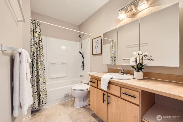 full bath featuring tile patterned floors, toilet, shower / bath combo, and vanity