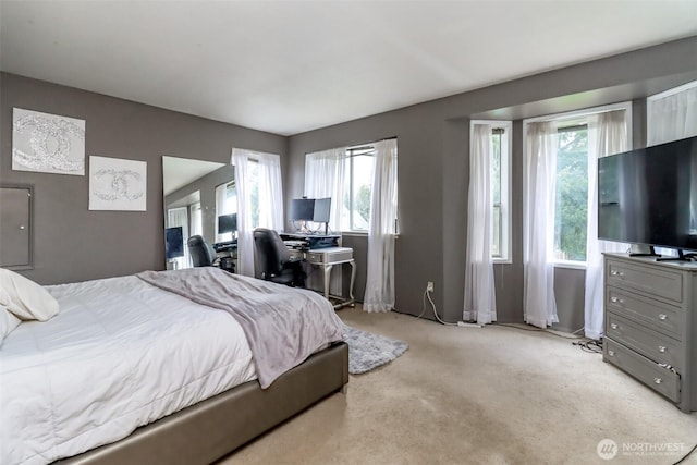 bedroom featuring light colored carpet