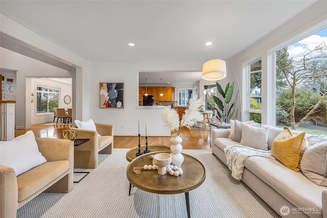 living area featuring recessed lighting, baseboards, and wood finished floors