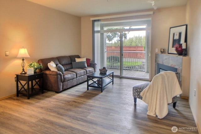 living room with baseboards, wood finished floors, and a tile fireplace